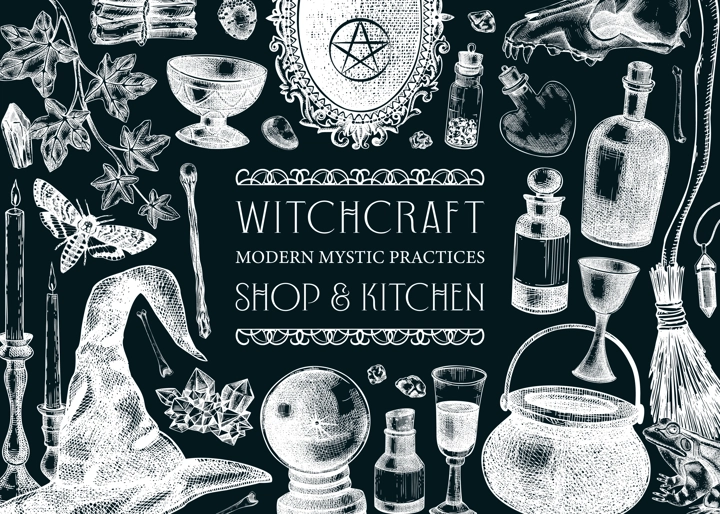 Witchcraft background. Vinatge Halloween sketches. Hand-drawn vector illustration. Antique apothecary design. Witchcraft shop banner. NOT AI generated